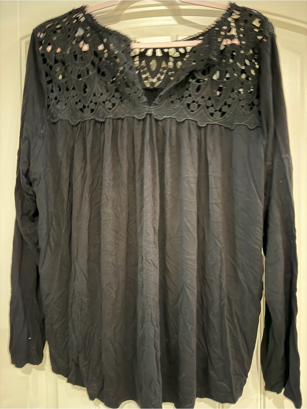 Black Crochet Yoke Long Sleeve Women’s Top